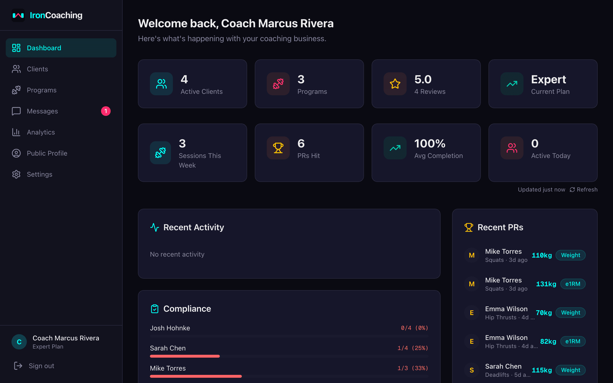 IronCoaching dashboard showing real-time athlete stats, PRs, and coaching overview